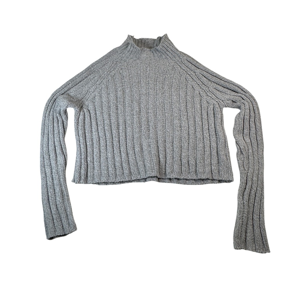 American Eagle Womens Gray Ribbed Knit Mock Neck Long‎ Sleeve Cropped Sweater M